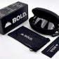 BOLD Emerald rimless photochromic sunglasses in black with the BOLD box, zip case and cleaning pouch