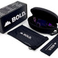 BOLD Emerald rimless photochromic sunglasses in purple with the BOLD box, zip case and cleaning pouch