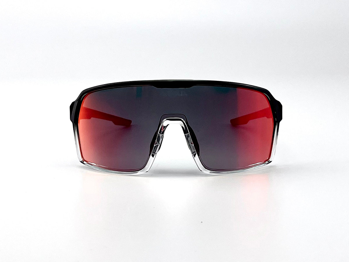 Sunglasses with red-tinted lenses on a white background