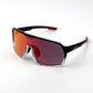 Sunglasses with black frame and red-tinted lenses on a white background