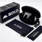 BOLD Flash photochromic sunglasses in black with the BOLD box, zip case and cleaning pouch