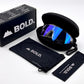BOLD Flash photochromic sunglasses in white with the BOLD box, zip case and cleaning pouch