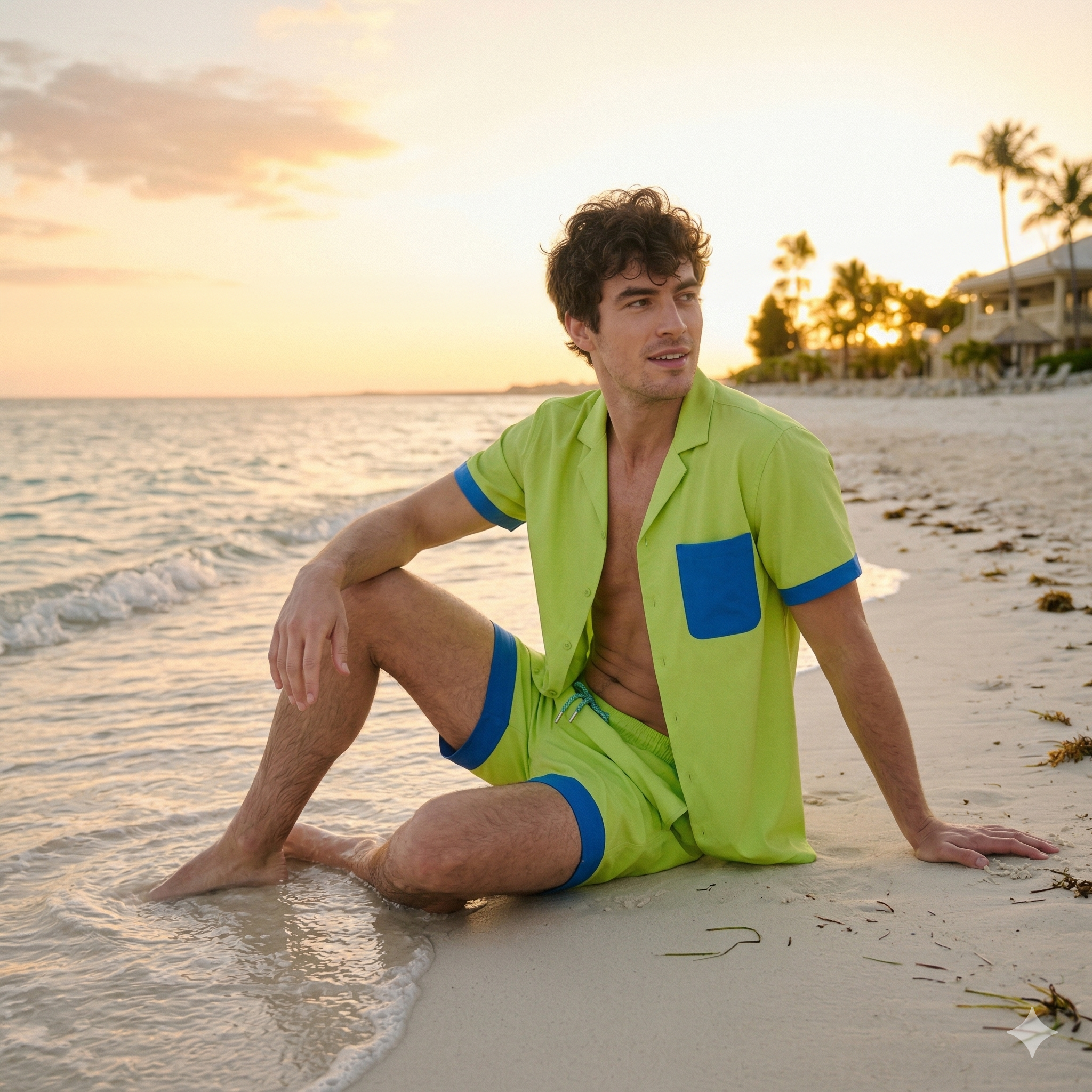 Man in a Key Lime resort shirt and matching lime hybrid swim shorts with contrast blue trim