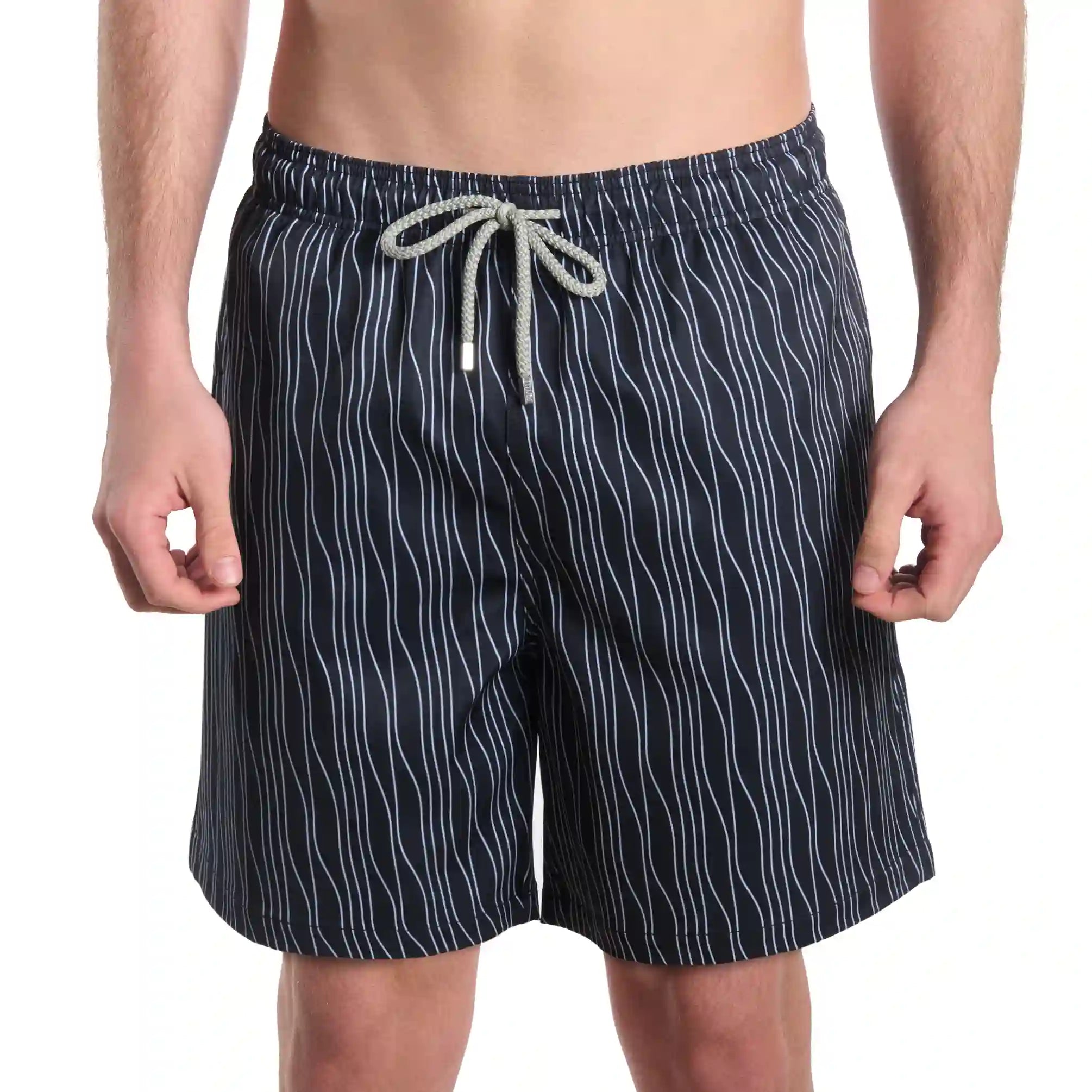 Linear Drift, Storm and Fog men's hybrid swim short in the 9 inch Long, charcoal with a white wave stripe, front view
