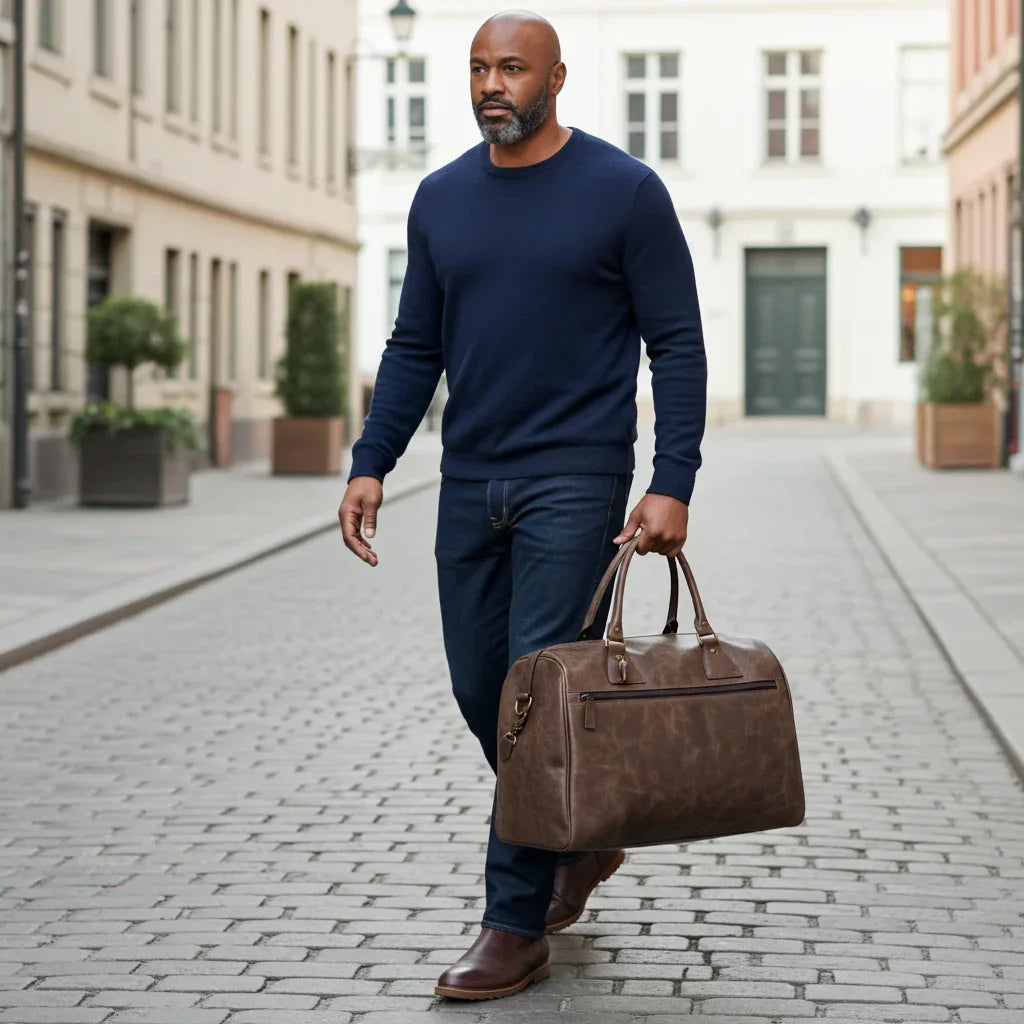 Man walking down a street holding a brown leather bag