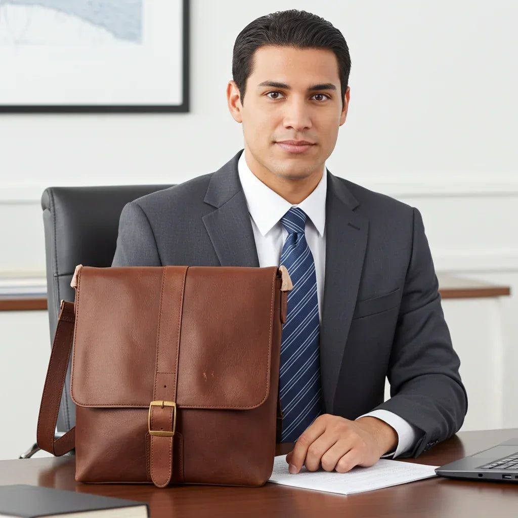 Miami Leathers Cambridge full grain leather compact messenger bag, brown, image 2 of 5