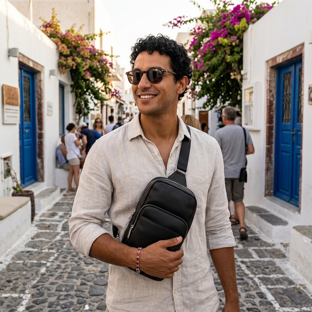 Man holding a black bag in a picturesque alleyway with white buildings and blue doors.