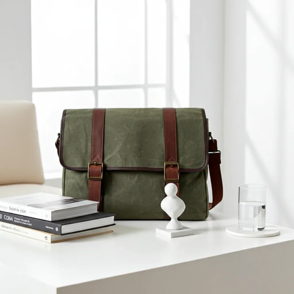 Miami Leathers Maxwell classic waxed canvas laptop messenger bag, detail