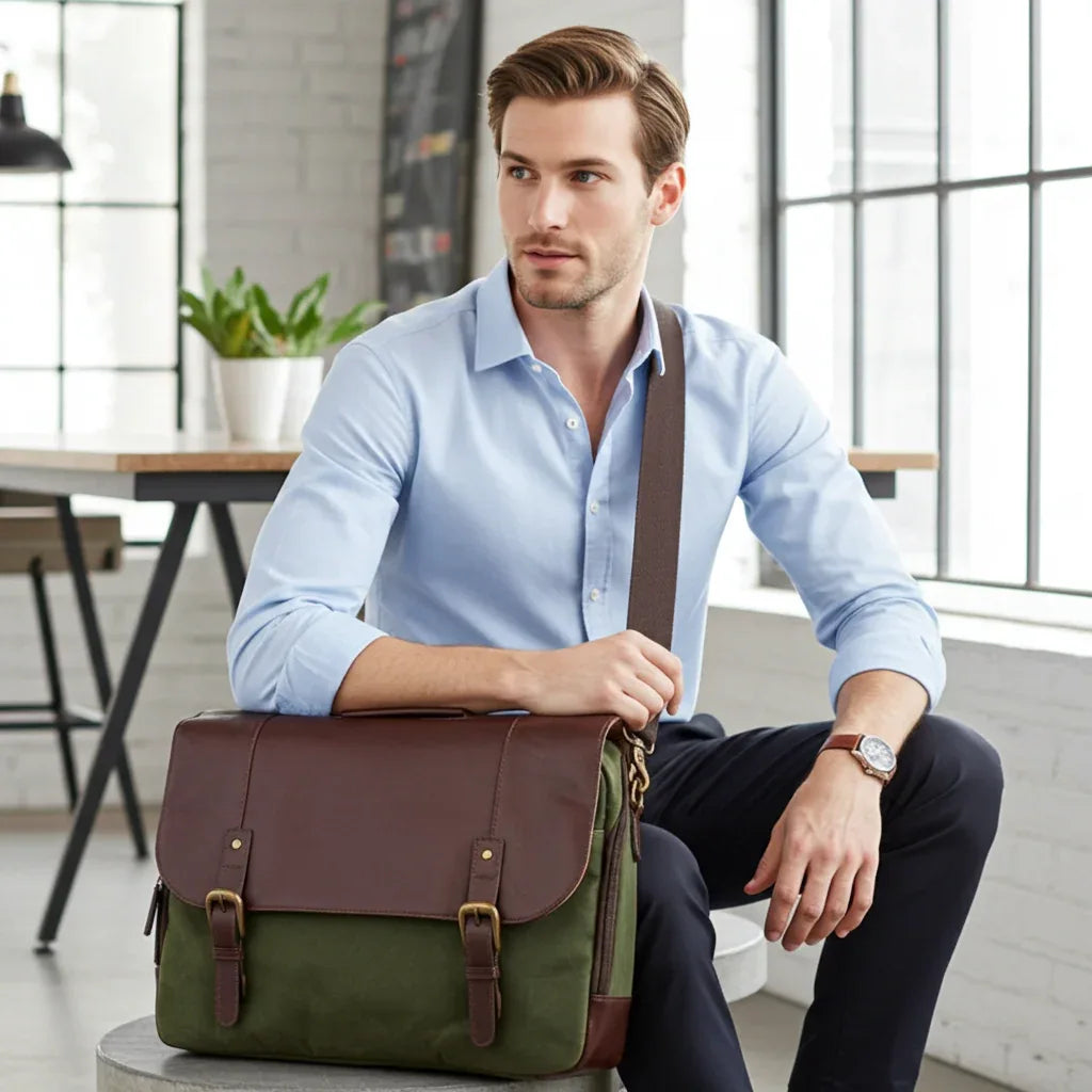 Miami Leathers Maxwell structured waxed canvas laptop messenger bag, detail