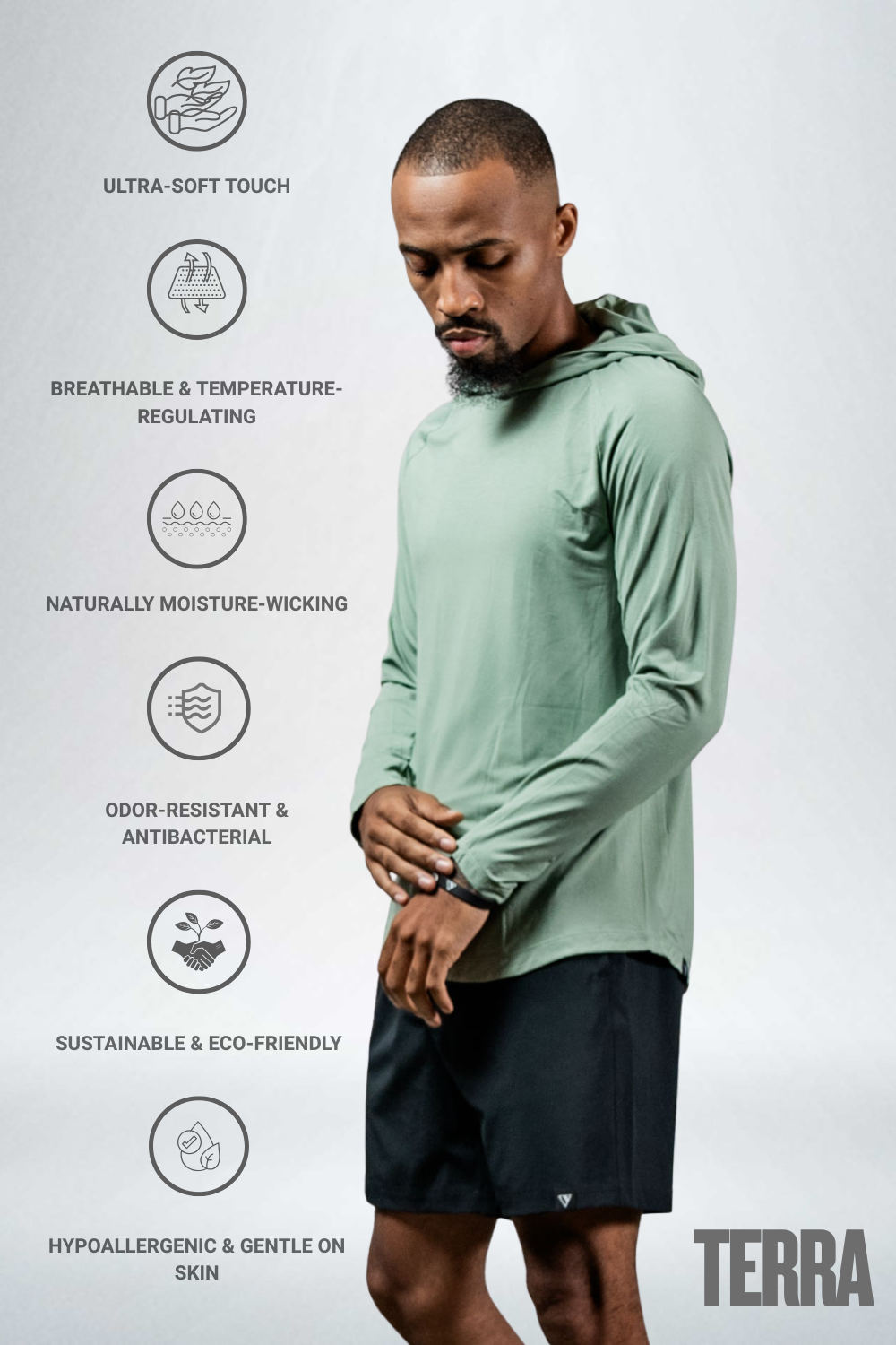 Varlo Men's Terra Recovery Element Hoodie Shirt in Low Light Olive, view 2