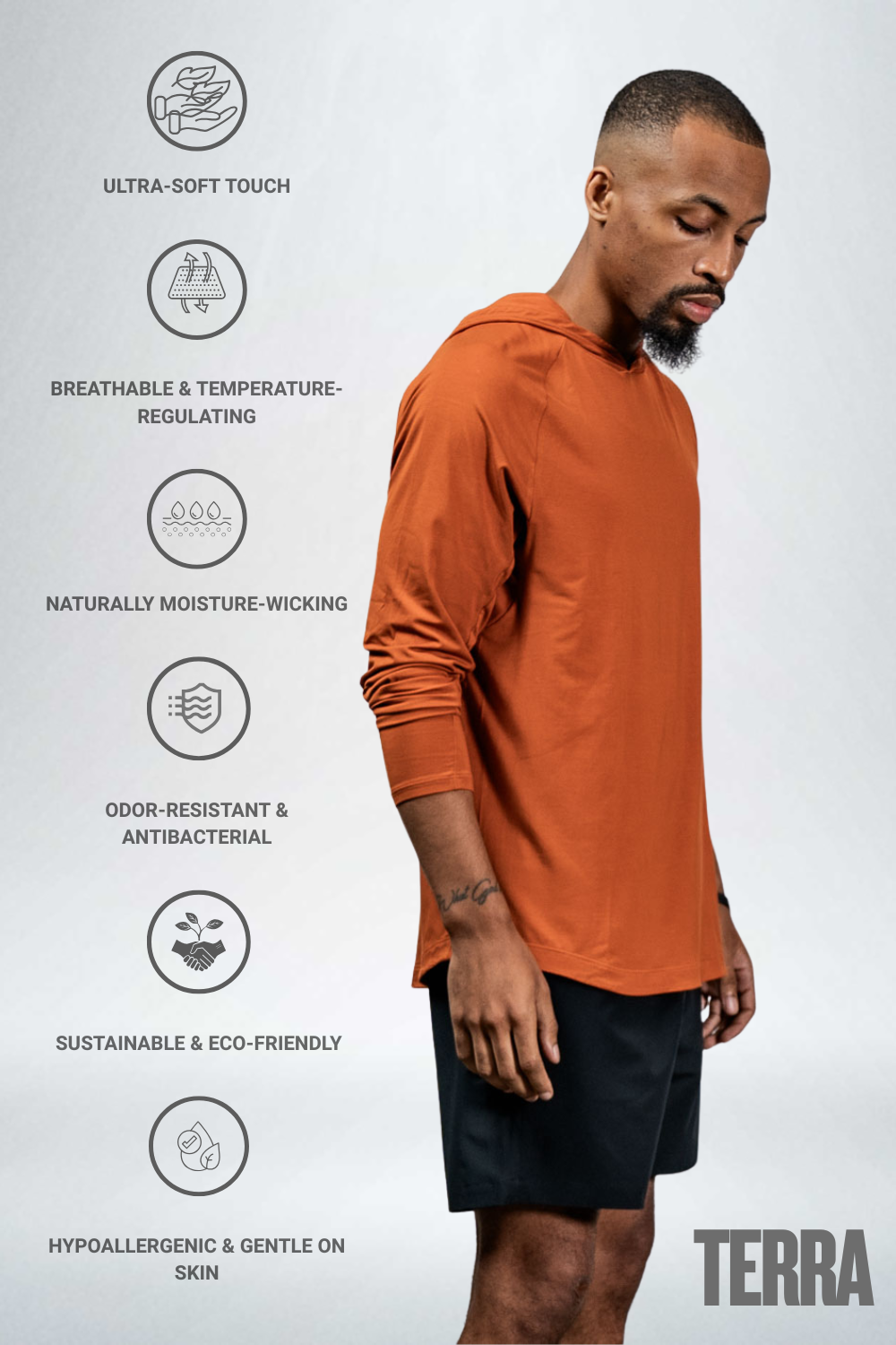 Varlo Men's Terra Recovery Element Hoodie Shirt in Sunfire Clay, view 2
