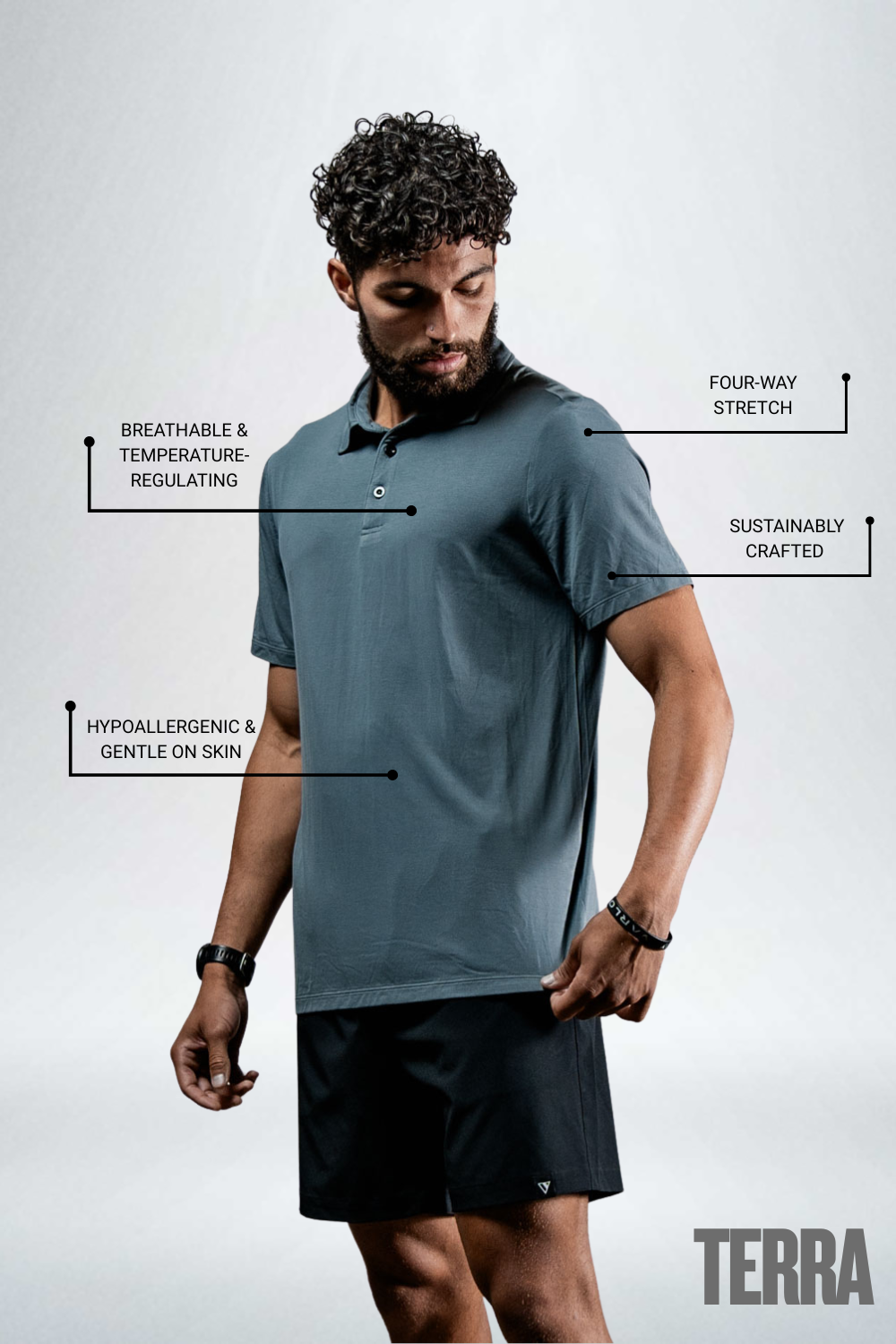 Varlo Men's Terra Recovery Polo in Ash Gray, view 2
