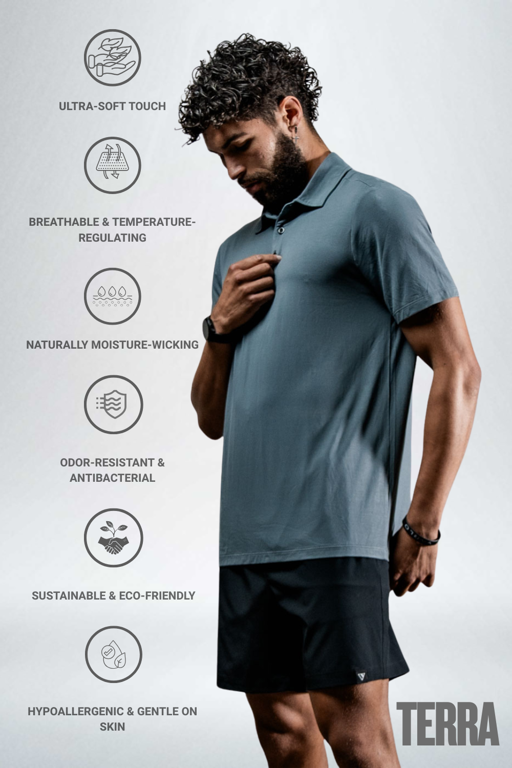 Varlo Men's Terra Recovery Polo in Ash Gray, view 3