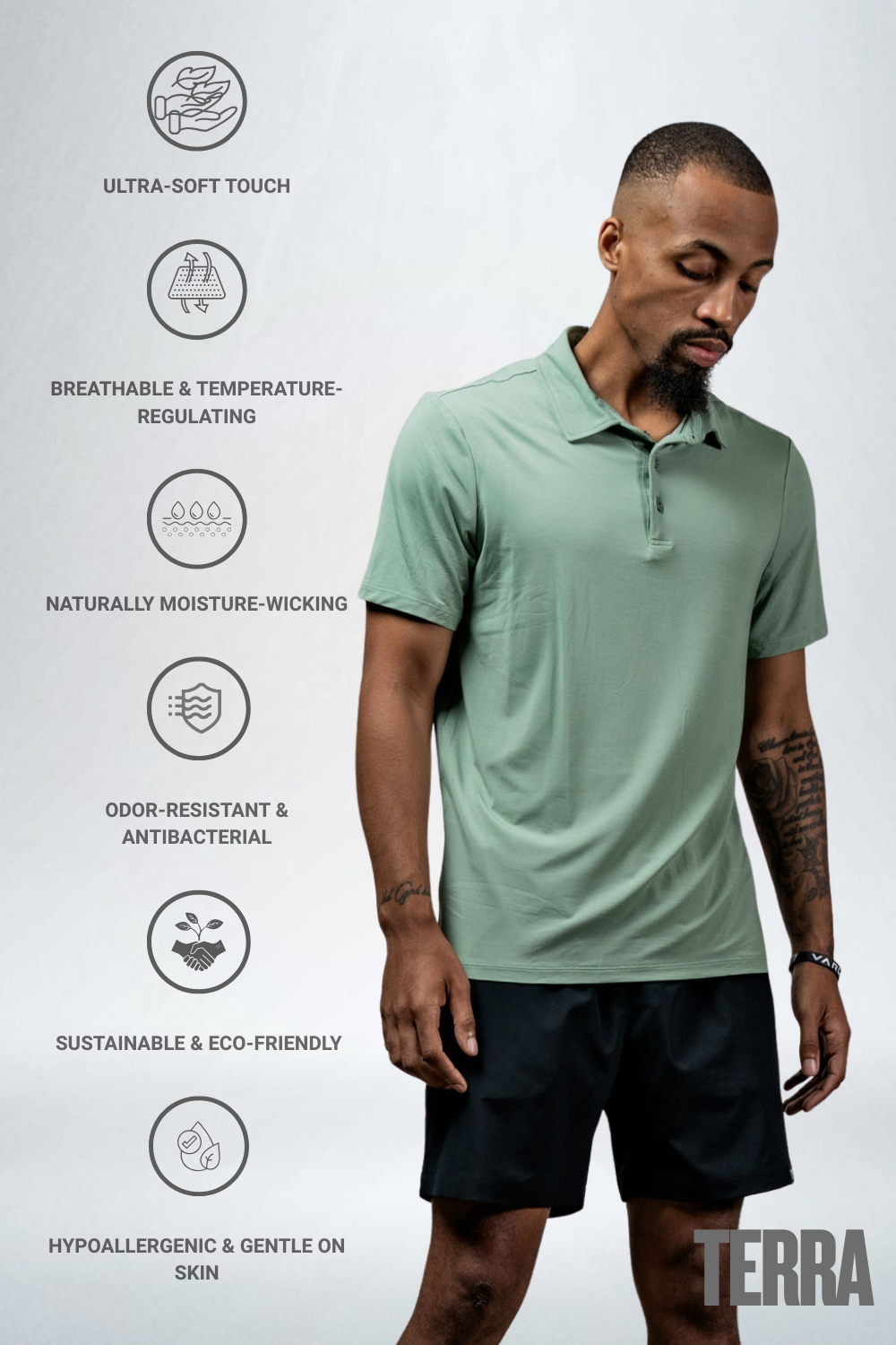 Varlo Men's Terra Recovery Polo in Low Light Olive, view 2