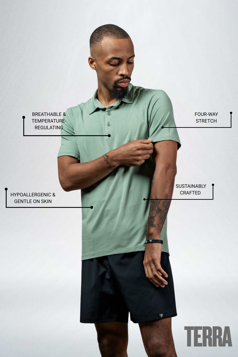 Varlo Men's Terra Recovery Polo in Low Light Olive, view 3