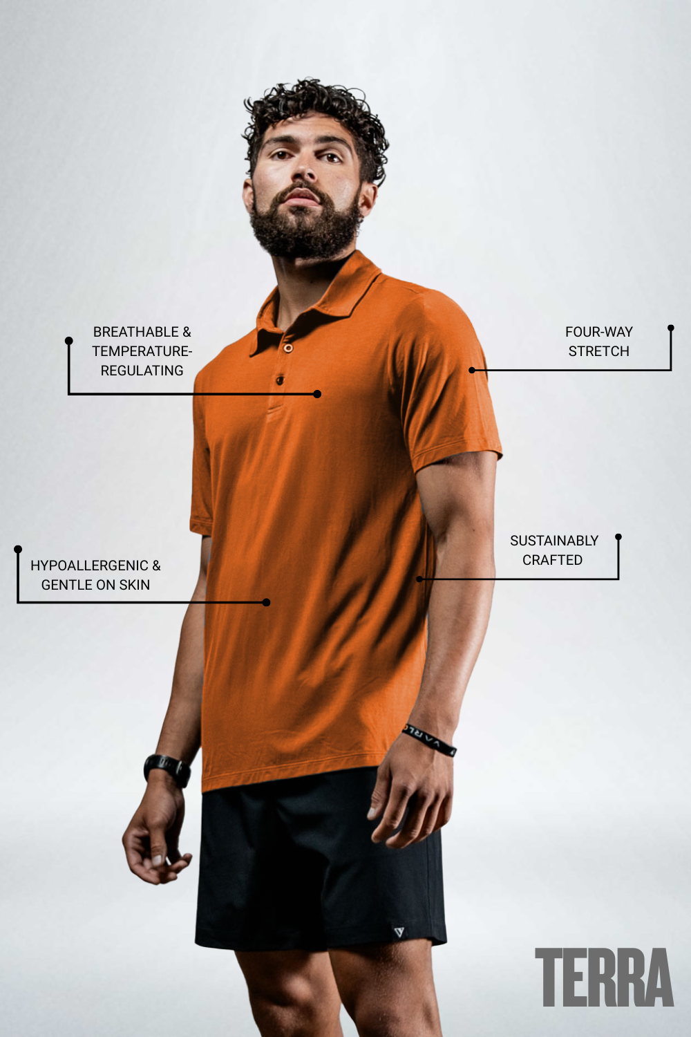 Varlo Men's Terra Recovery Polo in Sunfire Clay, view 2