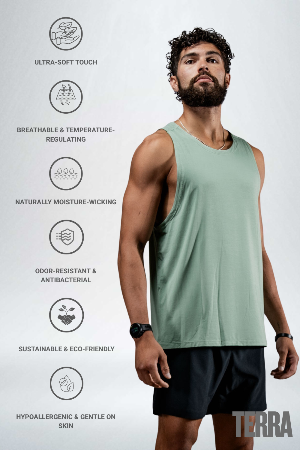 Varlo Men's Terra Recovery Tank in Low Light Olive, view 2