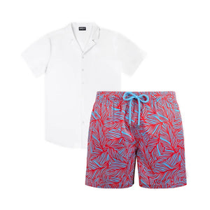 Palm Rush resort set, Arctic White shirt shown with Captive hybrid swim shorts in a coral and blue tropical leaf print