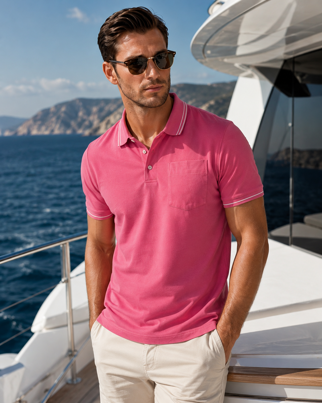 Buki Men's Pocket Polo in Pink, view 2