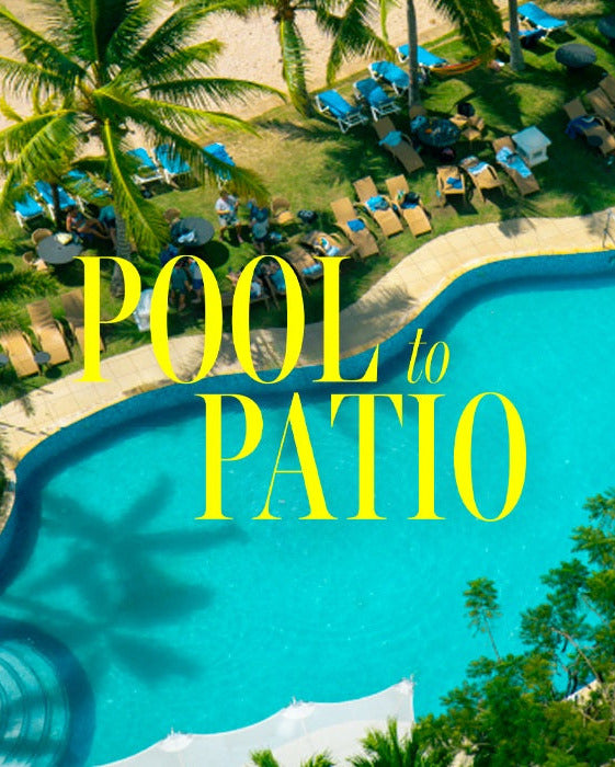 Aerial view of a pool area with lounge chairs and palm trees, featuring the text 'Pool to Patio'.