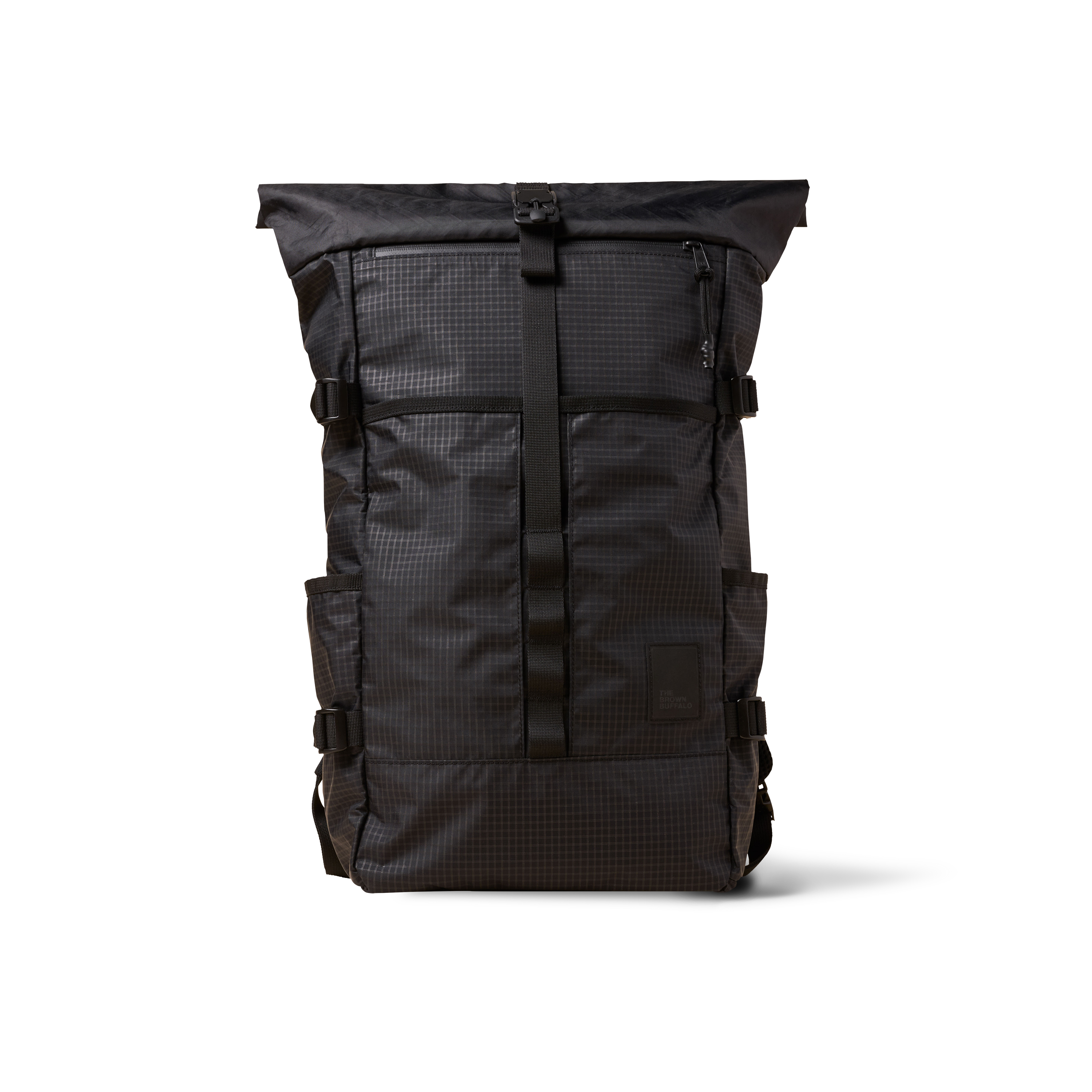The Brown Buffalo Rolltop roll top backpack in Black Grid, view 2