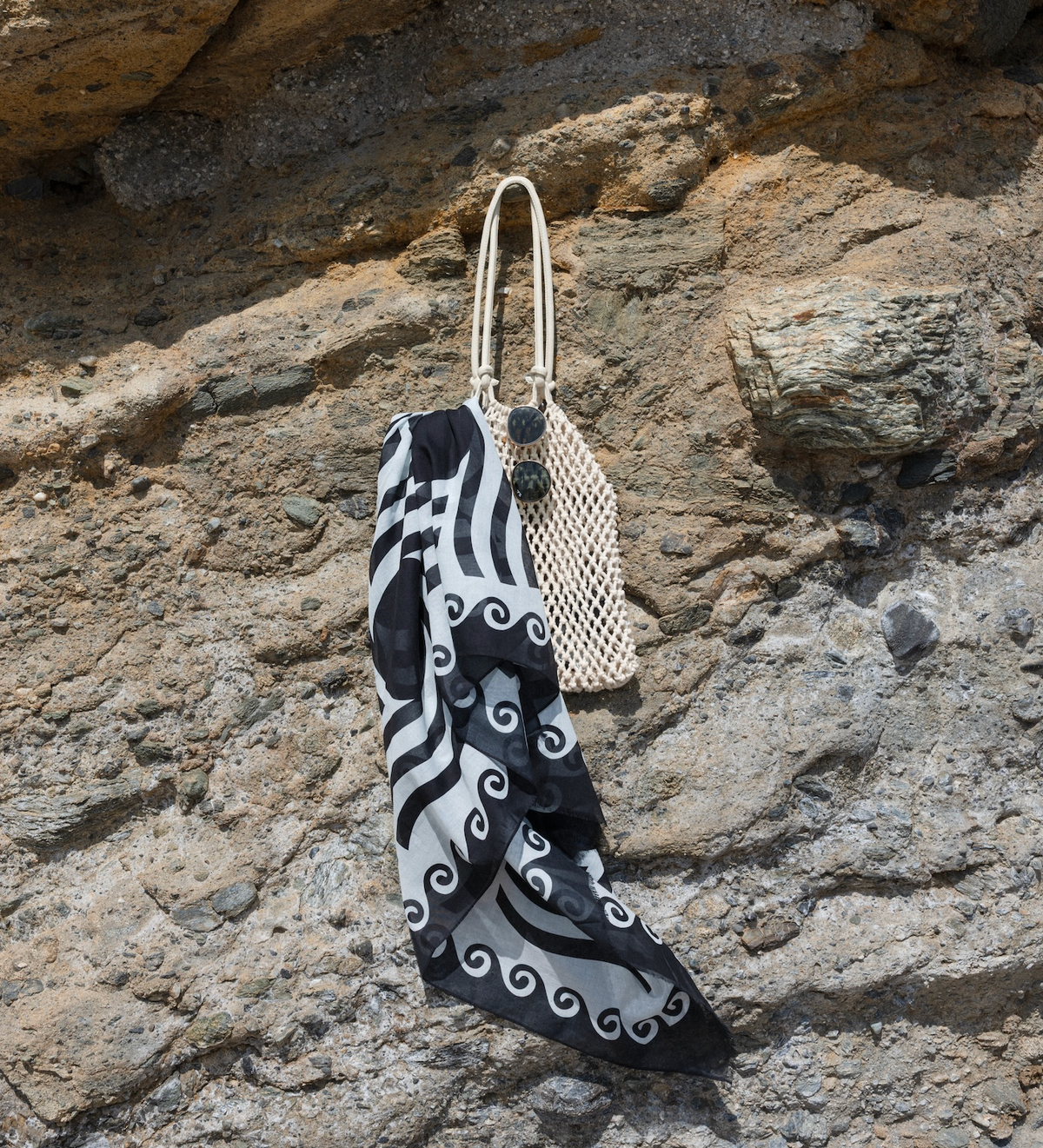 Ruby Mint Mykonos cotton pareo, midnight black and white sun pattern, image 4 of 4