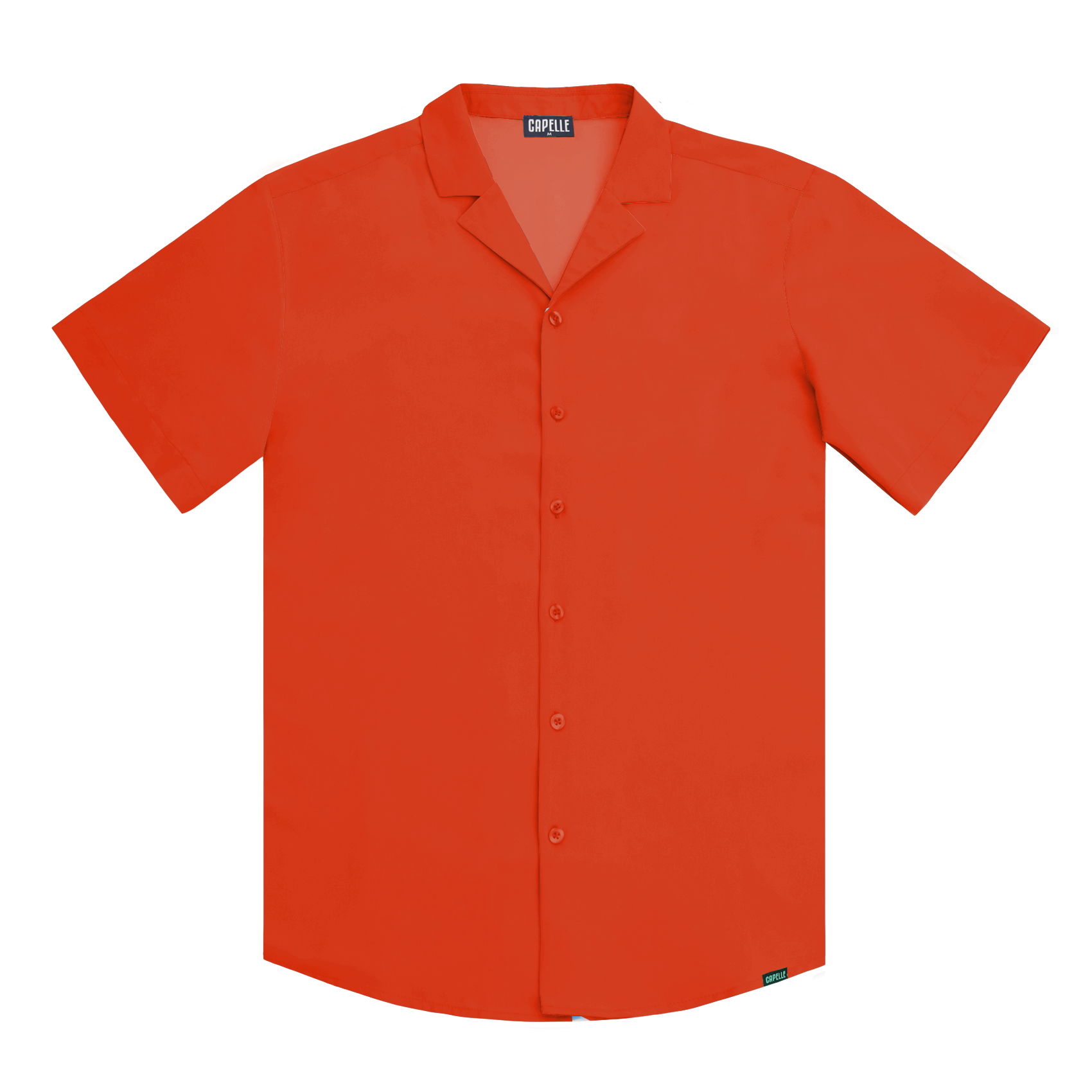 Coral men's resort shirt in coral orange, button down, front view