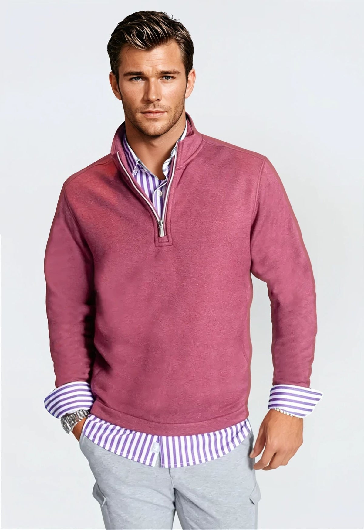 Buki Men's Voey Quarter Zip Sweatshirt in Wine, view 3
