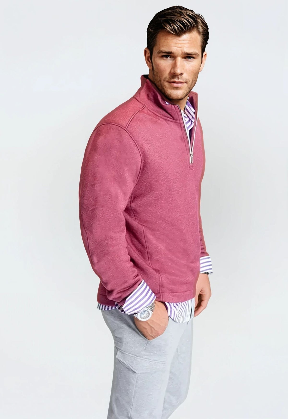 Buki Men's Voey Quarter Zip Sweatshirt in Wine, view 4
