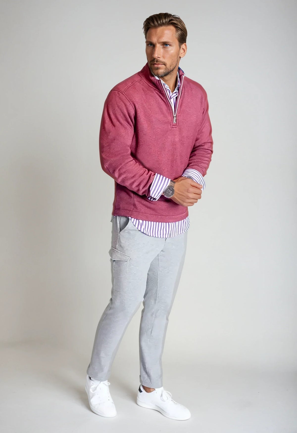 Buki Men's Voey Quarter Zip Sweatshirt in Wine, view 6