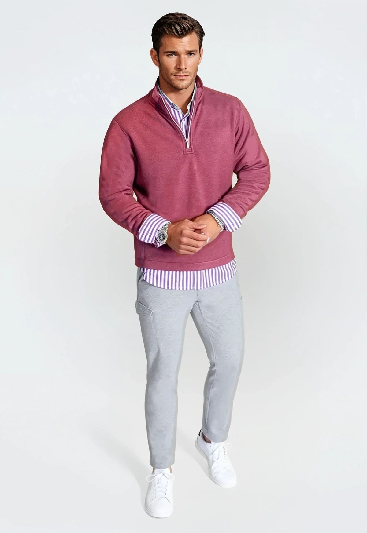 Buki Men's Voey Quarter Zip Sweatshirt in Wine, view 5