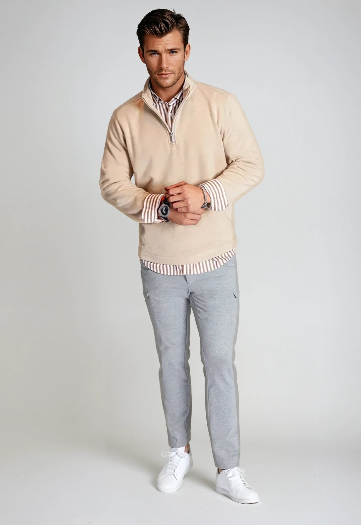 Buki Men's Voey Quarter Zip Sweatshirt in Camel, view 4