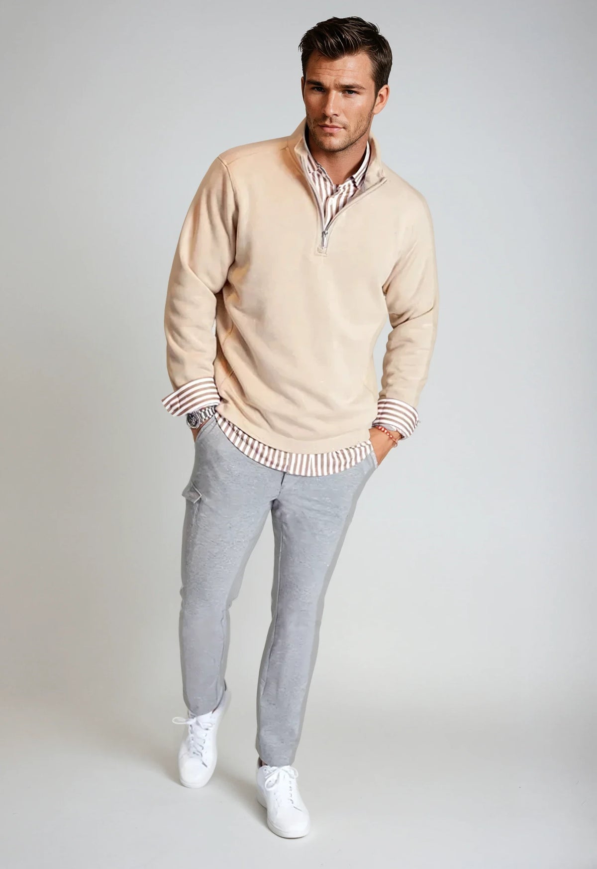 Buki Men's Voey Quarter Zip Sweatshirt in Camel, view 3