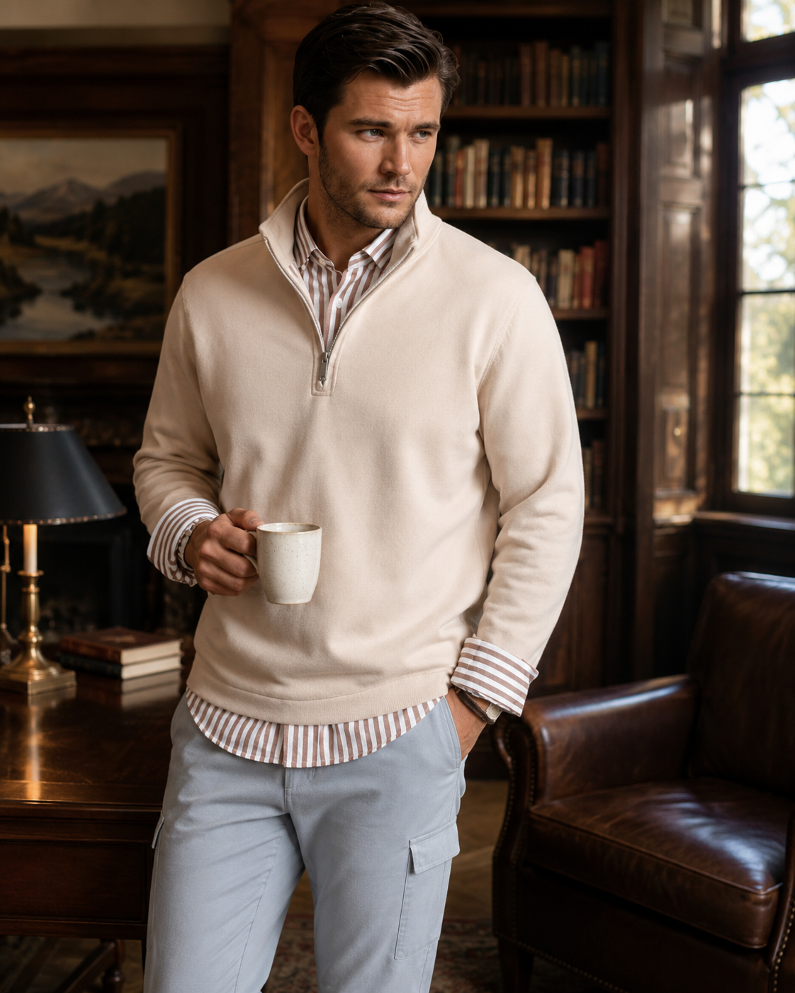 Buki Men's Voey Quarter Zip Sweatshirt in Camel, view 2