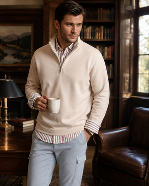 Buki Men's Voey Quarter Zip Sweatshirt in Camel, view 2