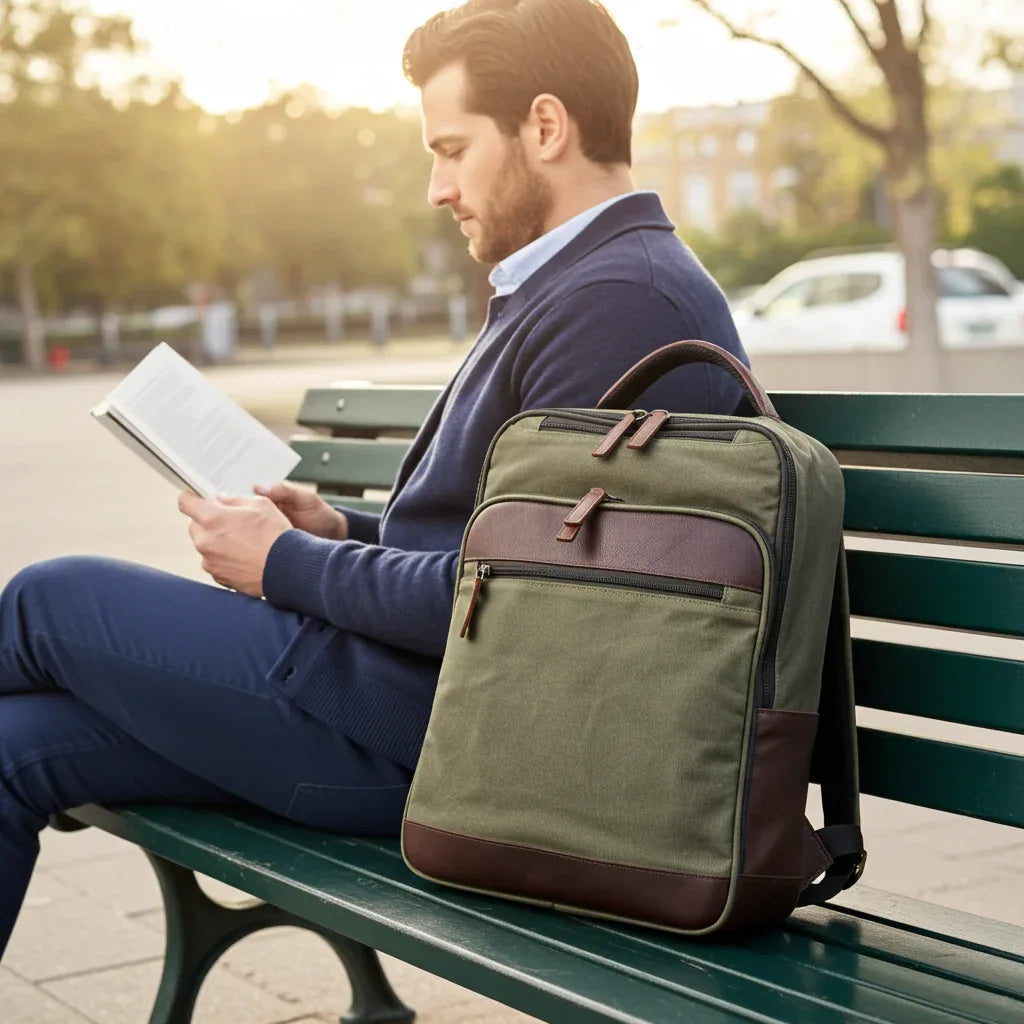 Miami Leathers Maxwell waxed canvas and leather laptop backpack, image 2 of 10