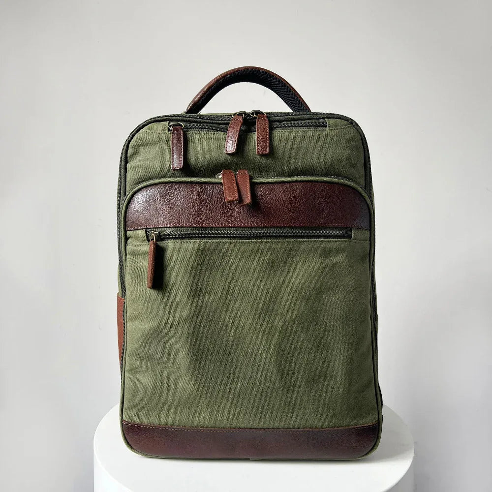 Miami Leathers Maxwell waxed canvas and leather laptop backpack, image 1 of 10