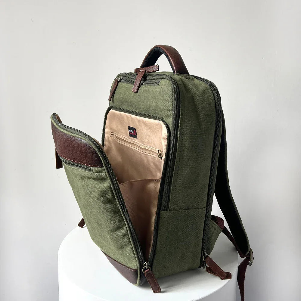 Miami Leathers Maxwell waxed canvas and leather laptop backpack, image 8 of 10