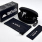 BOLD Wavelength photochromic shield sunglasses in black with the BOLD box, zip case and cleaning pouch