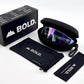 BOLD Wavelength photochromic shield sunglasses in blue with the BOLD box, zip case and cleaning pouch