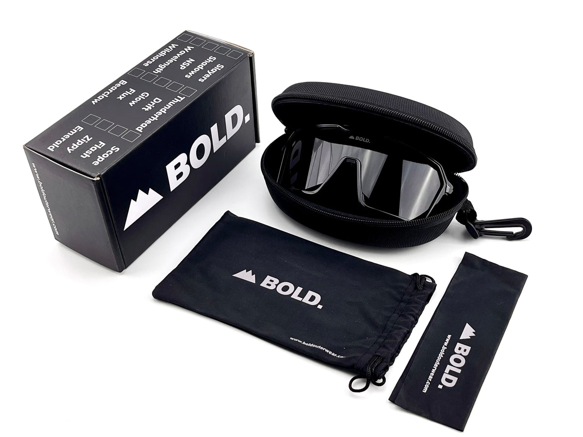 BOLD Flux wrap sunglasses in black with the BOLD box, zip case and cleaning pouch