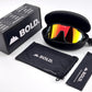 BOLD Flux wrap sunglasses in red and black with the BOLD box, zip case and cleaning pouch