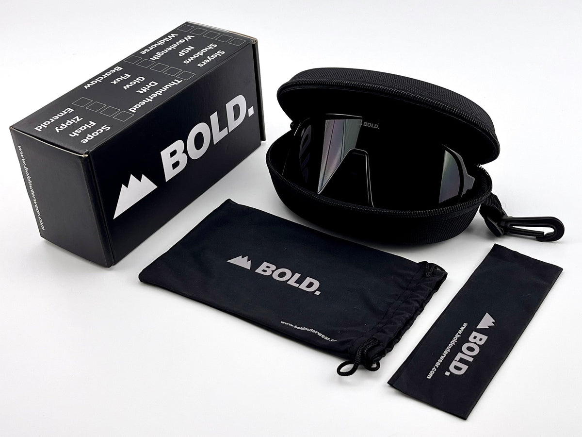 BOLD Slayers oversized sunglasses in black with the BOLD box, zip case and cleaning pouch