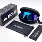 BOLD Slayers oversized sunglasses in blue with the BOLD box, zip case and cleaning pouch