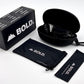 BOLD Slayers oversized photochromic sunglasses in black with the BOLD box, zip case and cleaning pouch