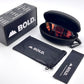 BOLD Slayers oversized photochromic sunglasses in red and black with the BOLD box, zip case and cleaning pouch