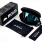 BOLD Slayers oversized photochromic sunglasses in blue with the BOLD box, zip case and cleaning pouch