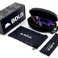 BOLD Slayers oversized photochromic sunglasses in purple with the BOLD box, zip case and cleaning pouch