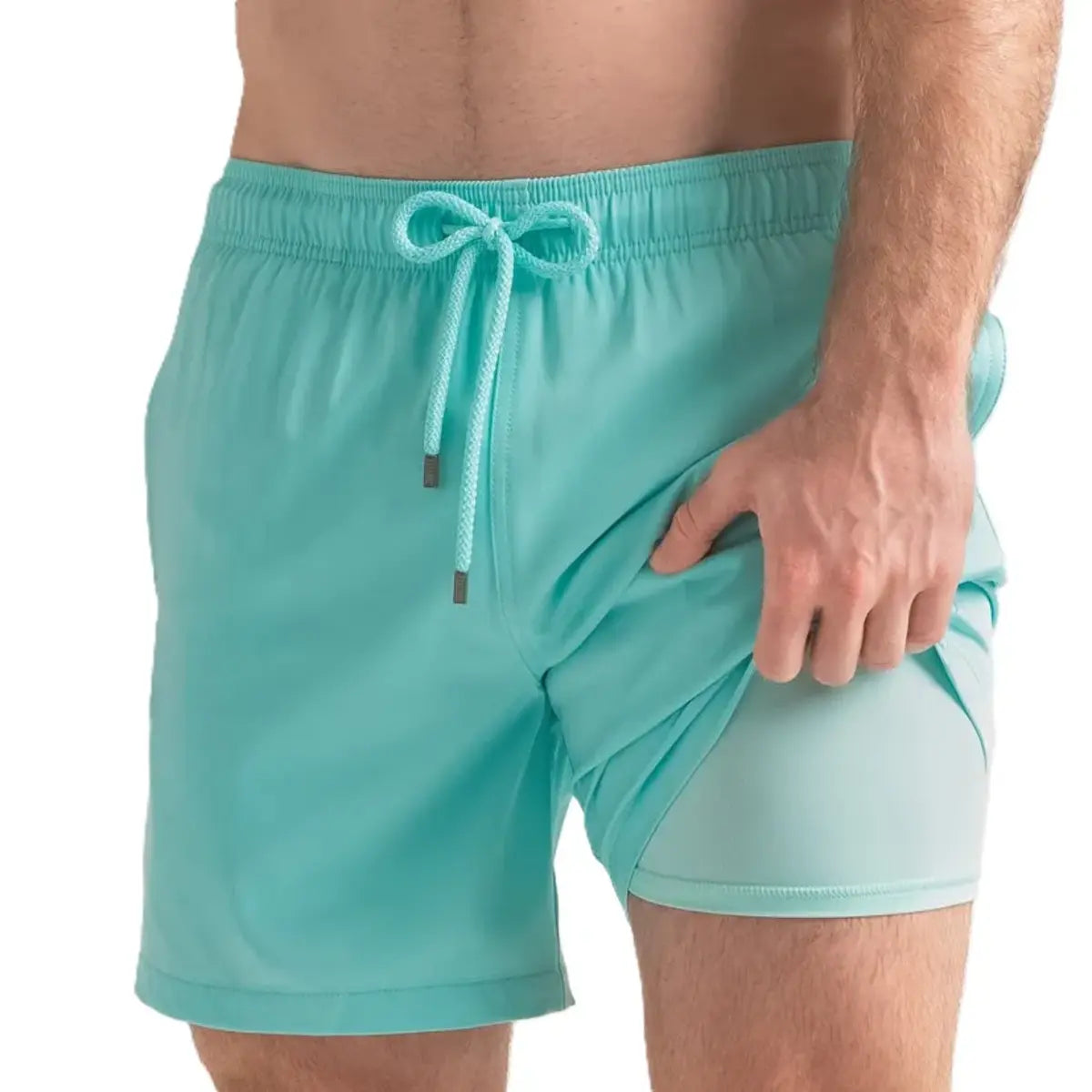 Aqua Blue men's hybrid swim short in solid aqua mint with a matching drawstring, front view showing the mint compression liner