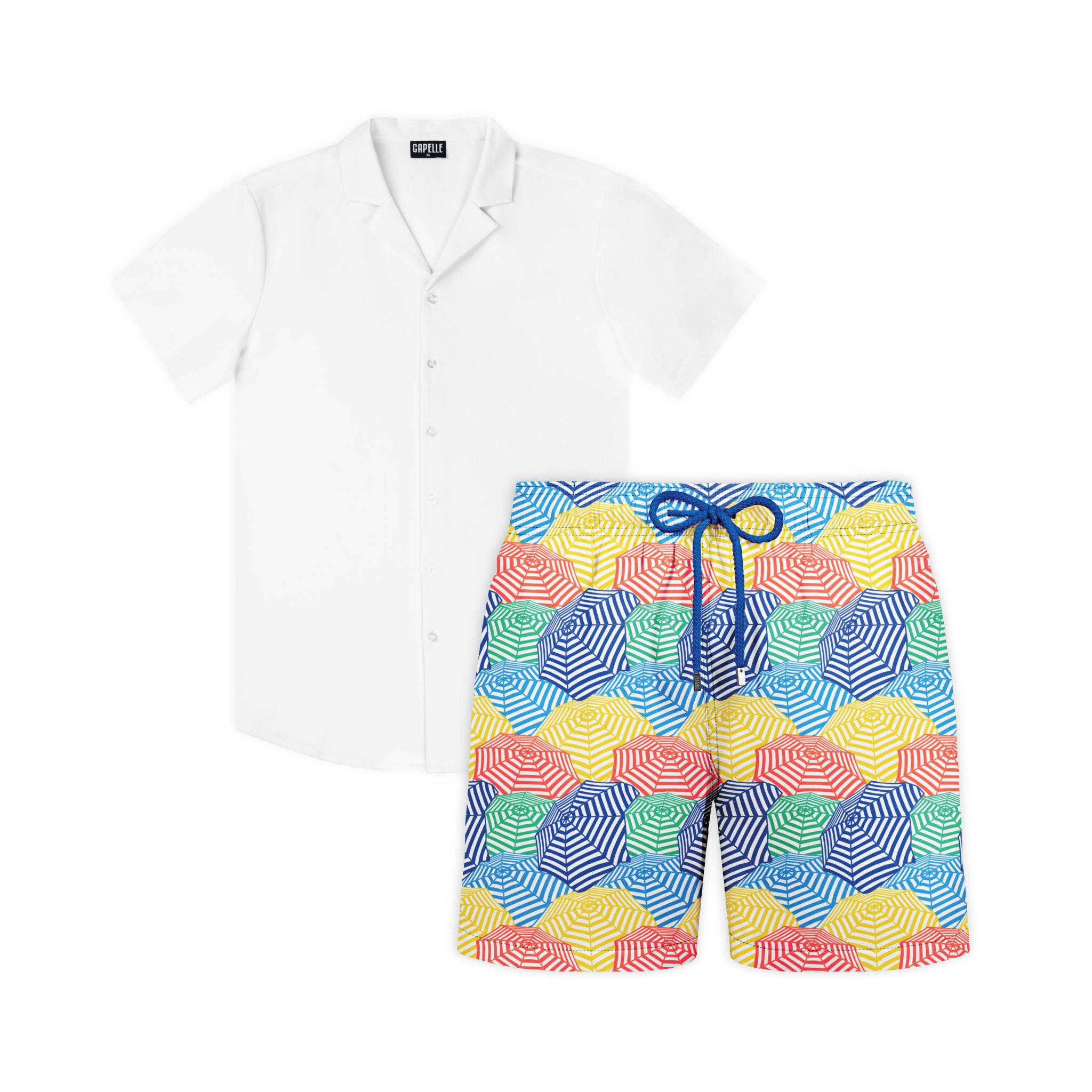 Bayside Frost resort set, Arctic White shirt with Bayside Shade Splash hybrid swim shorts